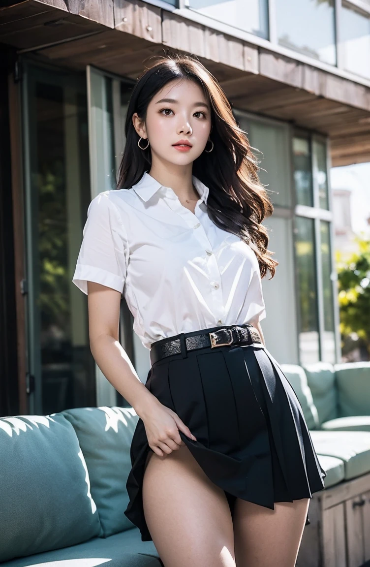 SOLO, ASIAN GIRL, WHITE SHIRT, BELT, SKIRT, LONG HAIR, BLACK HAIR, LOOKING AT VIEWER, COLLARED SHIRT, SHORT SLEEVES, COUCH, BLACK SKIRT, SHIRT TUCKED IN, PLEATED SKIRT, SKIRT LIFT, STANDING, SPRING DAYTIME STREET, PHOTOREALISTIC, ULTRA FACE DETAIL, PRETTY UNDERWEAR, DETAILED WHITE UNDERWEAR, FROM BELOW, FROM THE FRONT, SHE IS POSE FOR A PHOTO SHOOT, ANGLE LOOKING UP FROM BELOW, (VIEW FROM BELOW), BEST QUALITY, HIGH RESOLUTION, 8K.