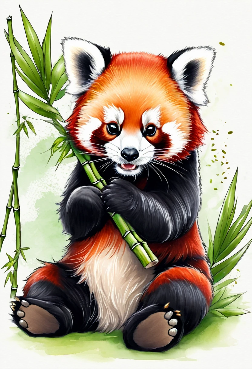Little panda, Red panda, Tattoo sketch, eats bamboo