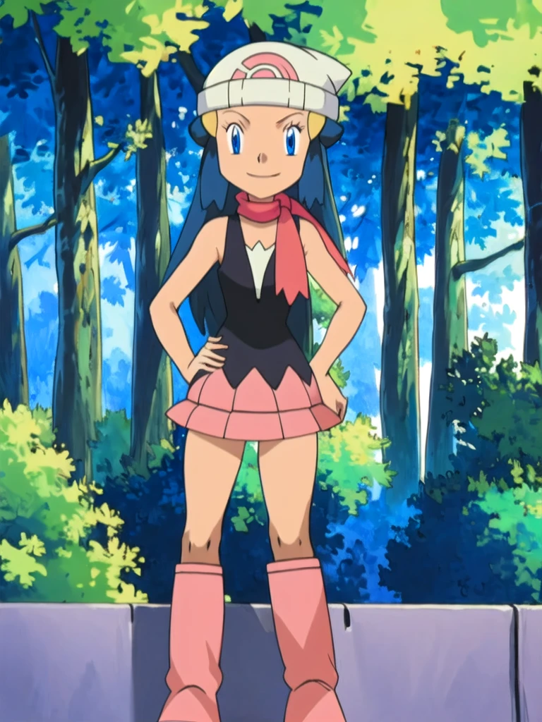 masterpiece, best quality, 1girl, dawn \(pokemon\), beanie, long hair, blue hair, blue eyes, black sleeveless shirt, pink scarf, pink skirt, pink boots, hands on hips, smile, looking at viewer, forest background