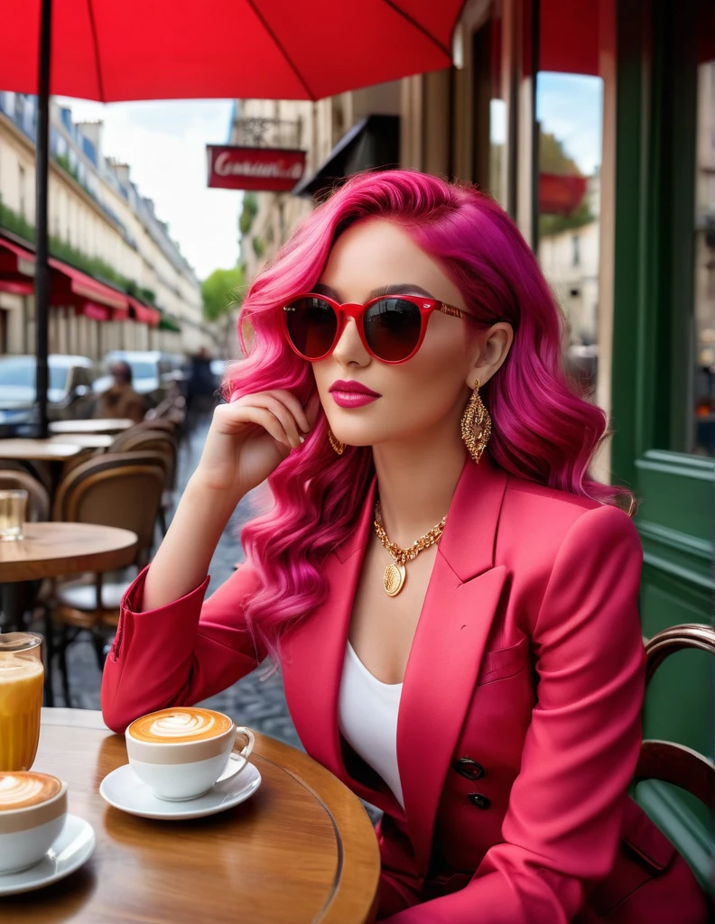very attractive 25 year old girl with long wavy bright pink hair, masterpiece, high resolution, elegant:1.3), a stylish woman with (long flowing bright pink hair:1.2) wearing fashionable Ray-Ban sunglasses, her (smooth and flawlessly made-up face:1.2) radiating confidence, dressed elegantly in chic red Dior attire and a fashionable hat, her (natural and graceful physique:1.4) exuding poise and charm, she accessorizes with a magnificent necklace and matching earrings, seated gracefully at a charming café in Paris, the sun shining brightly, her table adorned with an assortment of delicious food, capturing the essence of a sophisticated Parisian experience, DSLR camera model: Nikon Z7, lens: Nikon NIKKOR Z 50mm f/1.8 S, Cinematic, Hyper-detailed, insane details, Beautifully color graded, Unreal Engine, DOF, Super-Resolution, Megapixel, Cinematic Lightning, Anti-Aliasing, FKAA, TXAA, RTX, SSAO, Post Processing, Post Production, Tone Mapping, CGI, VFX, SFX, Insanely detailed and intricate, Hyper maximalist, Hyper realistic, Volumetric, Photorealistic, ultra photoreal, ultra-detailed, intricate details, 8K, Super detailed, Full color, Volumetric lightning, HDR, Realistic, Unreal Engine, 16K, Sharp focus, octane render --v testp