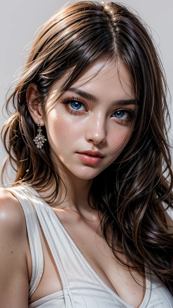 ((Highest quality:1.2)), ((Ultra-high resolution:1.2)), (Realism: 1.4), Depth of written boundary, ((Very beautifully detailed face:1.2)),Beautiful Face, (Purelos Face_v1: 0.8), Half Body,((White simple background)), Front lighting, Intricate details, Exquisite detail and texture, One girl, alone ,(young), Facial highlights, Upper Body, Detailed face,  (((Natural big breasts:1.4)))