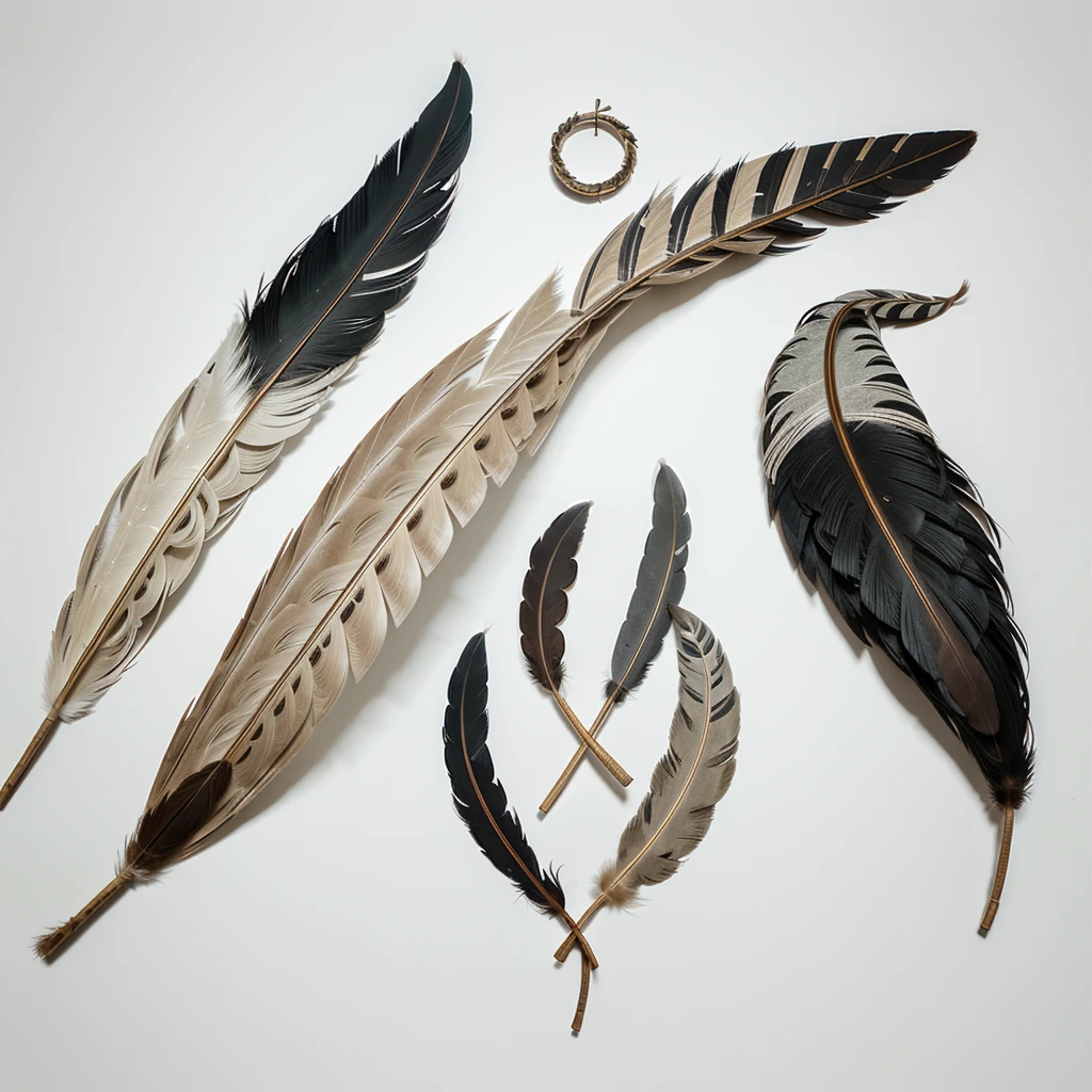 Feathers of Wisdom: Stylized feathers that turn into words or symbols, representing the search for understanding and expression of thought