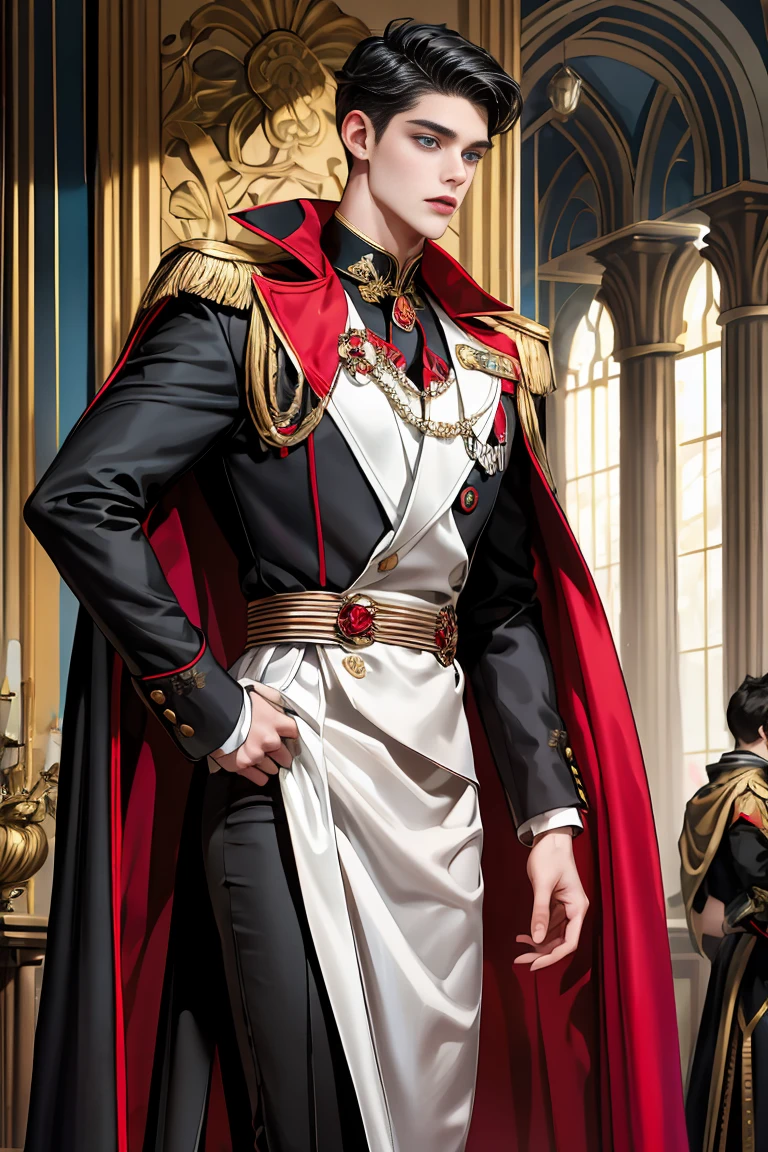 masterpiece, 最high quality, high quality, 1 boy, alone, Male focus, Watching the audience, Messy black hair, Adorable big blue eyes, White people, Noble, Noble,Sexy voluminous black and red cape、Tuxedo、A very voluminous, large, very large, very large, long, long red and black cape with a high stand-up collar, reaching down to the floor, made of a lot of fabric., ,Cute beautiful boys,Cute, cute, kind, handsome guy
