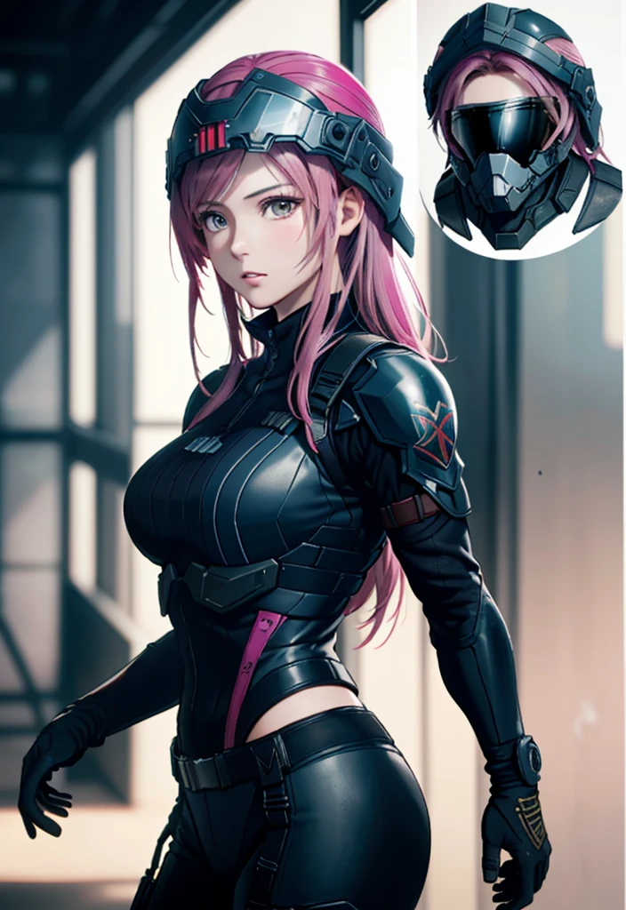 Metal Gear Solid Style, (Detailed complex full-coverage tactical helmet:1.3), (Pink hair), Cowboy Shot, Dynamic Pose, 1girl in, Solo, Ray tracing, (masutepiece), (Best Quality), (Detailed), (Detailed tactical equipment:1.1), (Body Armor:1.1), Combat Pants, gloves, (Intricate background:1.1),