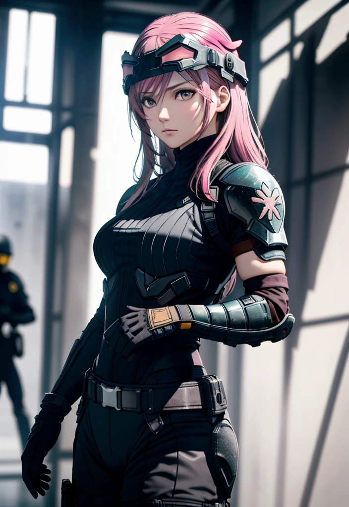 Metal Gear Solid Style, (Detailed complex full-coverage tactical helmet:1.3), (Pink hair), Cowboy Shot, Dynamic Pose, 1girl in, Solo, Ray tracing, (masutepiece), (Best Quality), (Detailed), (Detailed tactical equipment:1.1), (Body Armor:1.1), Combat Pants, gloves, (Intricate background:1.1),