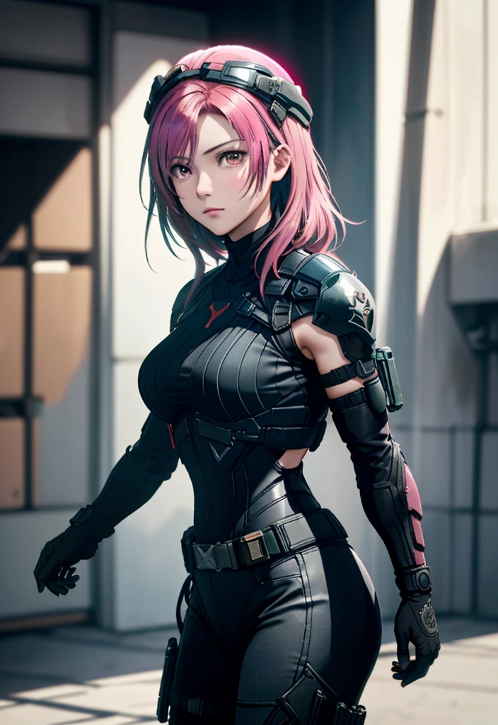 Metal Gear Solid Style, (Detailed complex full-coverage tactical helmet:1.3), (Pink hair), Cowboy Shot, Dynamic Pose, 1girl in, Solo, Ray tracing, (masutepiece), (Best Quality), (Detailed), (Detailed tactical equipment:1.1), (Body Armor:1.1), Combat Pants, gloves, (Intricate background:1.1),