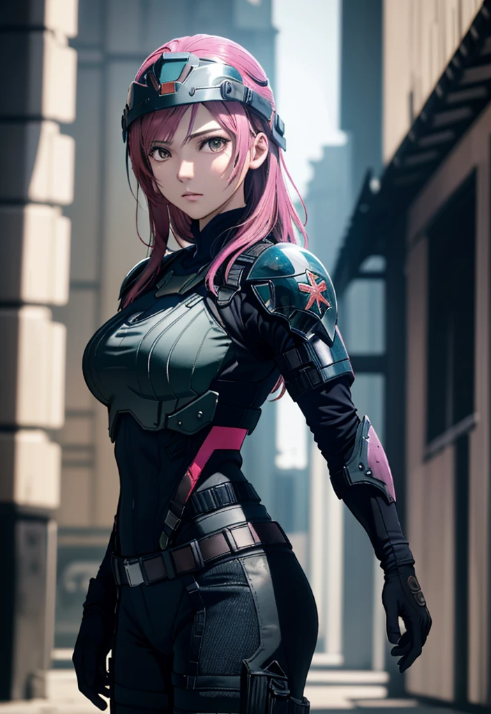 Metal Gear Solid Style, (Detailed complex full-coverage tactical helmet:1.3), (Pink hair), Cowboy Shot, Dynamic Pose, 1girl in, Solo, Ray tracing, (masutepiece), (Best Quality), (Detailed), (Detailed tactical equipment:1.1), (Body Armor:1.1), Combat Pants, gloves, (Intricate background:1.1),