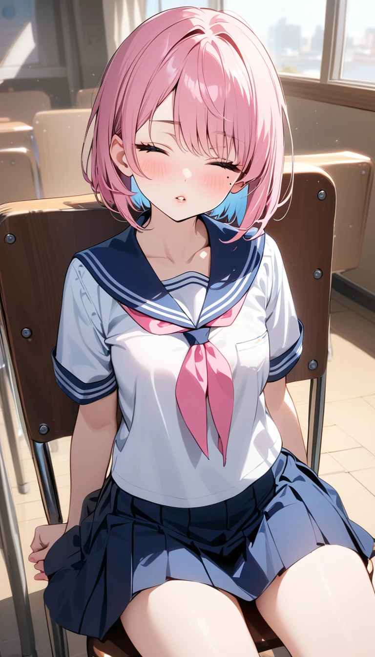 (1 girl),(Best Picture Quality, 8K, Masterpiece:1.3), (high school student:1.5), ((pink lob hair:1.1)), (bob cut),(swept bangs), (cute eyes, pupil black, iris skyblue, youthful face), (mole under right eye), (standard weight), (small breasts), (glistening skin:1.1),(pale skin:1.2), ((serafuku, white sailor short sleeve simple shirt, darkblue skirt, darkblue sailor collar, pink ribbon)),(sitting on a chair),(a class in session),((front view:1.3)),(closed eyes, thin lips, kissing viewer)