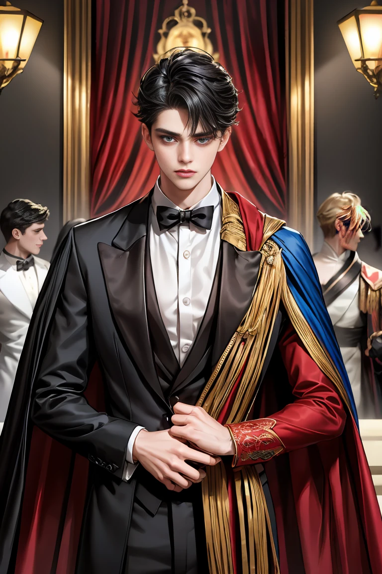 
masterpiece, 最high quality, high quality, 1 boy, alone, Male focus, Watching the audience,  Messy black hair, Adorable big blue eyes, White people, Noble, Noble,Sexy voluminous black and red cape、Tuxedo、A very voluminous, large, very large, very large, long, long red and black cape with a high stand-up collar, reaching down to the floor, made of a lot of fabric., 17 years old,Cute beautiful boys,Cute, cute, kind, handsome guy