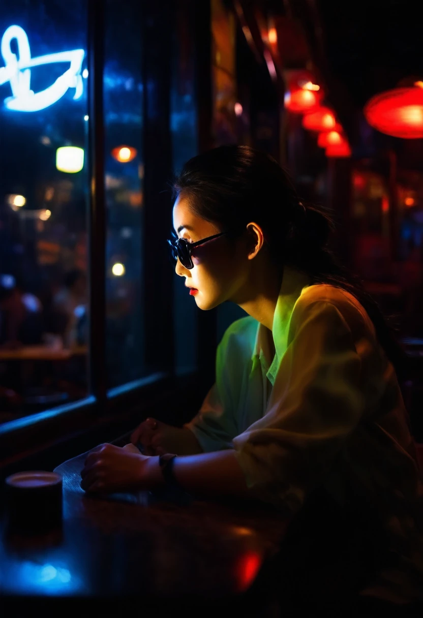 Depressed Asian woman sitting in a dim cafe at night, From the window you can see, Perfect profile, sunglasses, neon black, (Backlight: 1.1), Hard Shadows, artwork, best quality, complicated, Model shooting style, High quality, Film Grain, Incomplete details.

