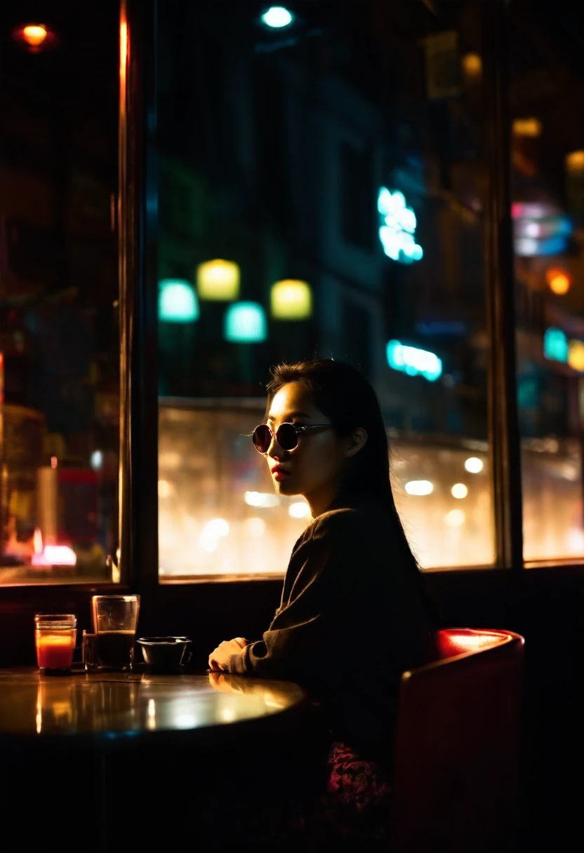 Depressed Asian woman sitting in a dim cafe at night, From the window you can see, Perfect profile, sunglasses, neon black, (Backlight: 1.1), Hard Shadows, artwork, best quality, complicated, Model shooting style, High quality, Film Grain, Incomplete details.