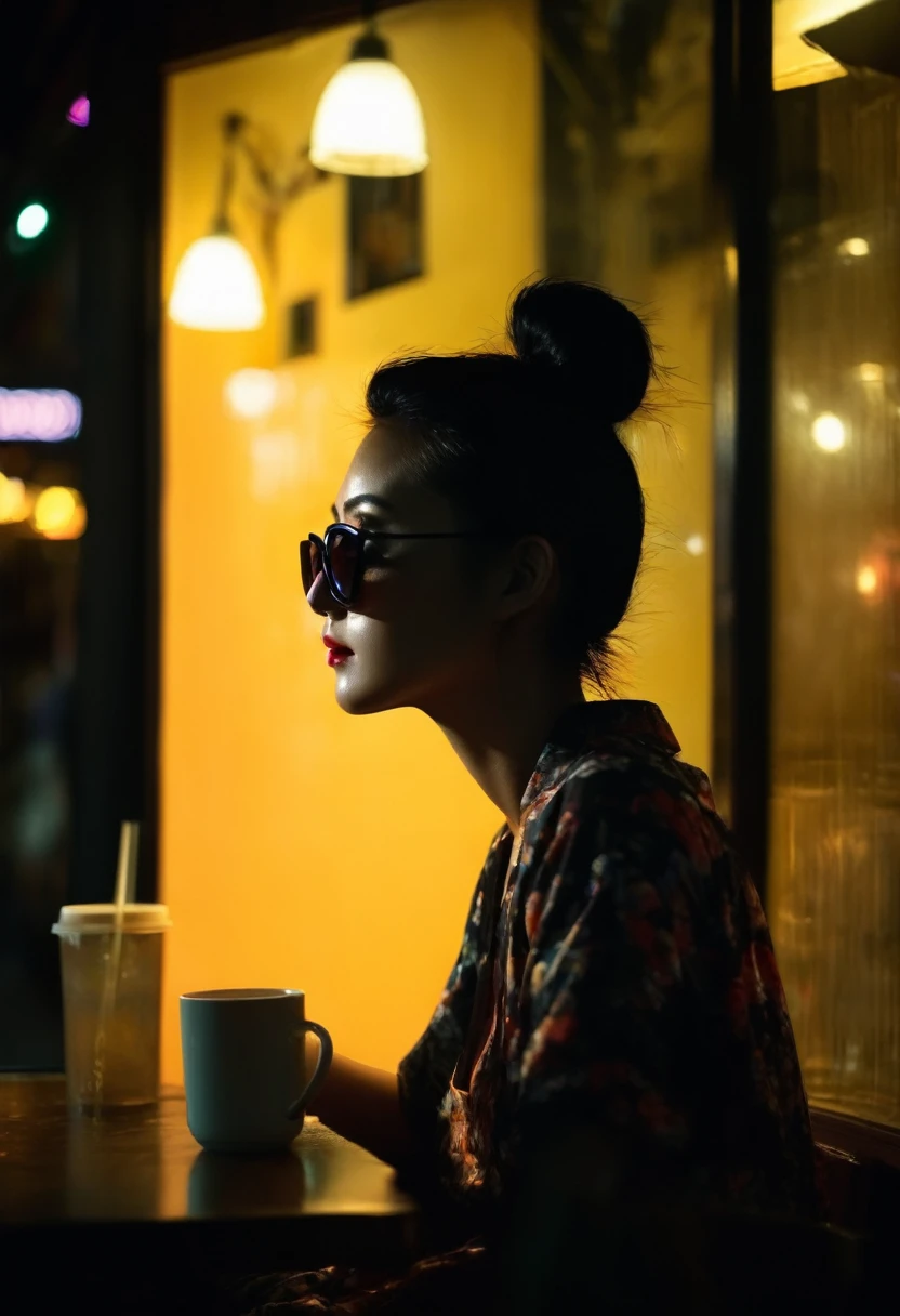 Depressed Asian woman sitting in a dim cafe at night, From the window you can see, Perfect profile, sunglasses, neon black, (Backlight: 1.1), Hard Shadows, artwork, best quality, complicated, Model shooting style, High quality, Film Grain, Incomplete details.

