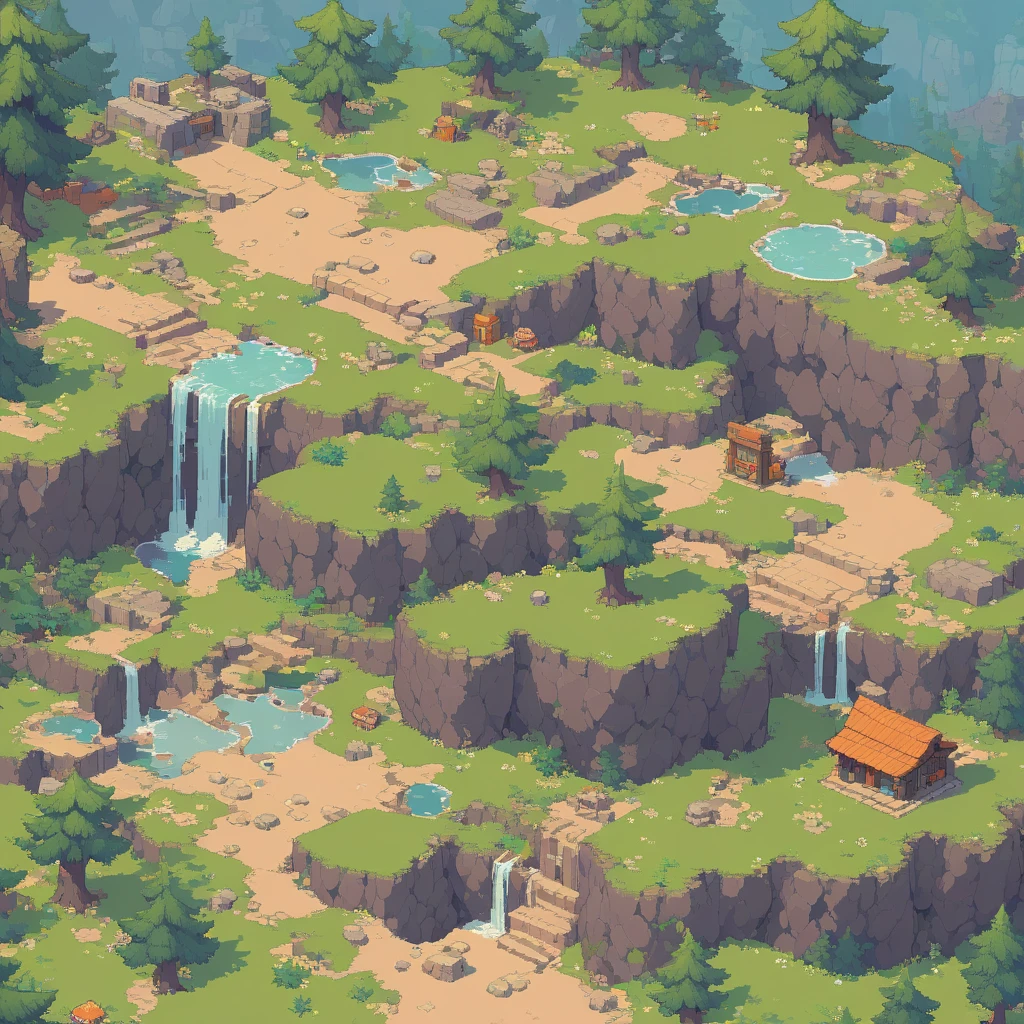 retro video game style,pixelated, vibrant pastel colors,8-bit characters,blocky shapes,sharp lines,detailed shading,classic gaming vibe,nostalgic atmosphere,classic arcade games,masterpiece:1.2,ultra-detailed,illustration style, 2d texture, stone texture, 4 k seamless mud texture, video game texture, dirt texture, tileset, game tiles, grass, 3/4th perspective trees, 3/4th perspective tileable rock texture, 3/4th perspective tileable cliff formations, tileable trees, topdown view, game texture, game art, tileable texture, very detailed cliff texture, intricate stones, top down view, 3/4th perspective