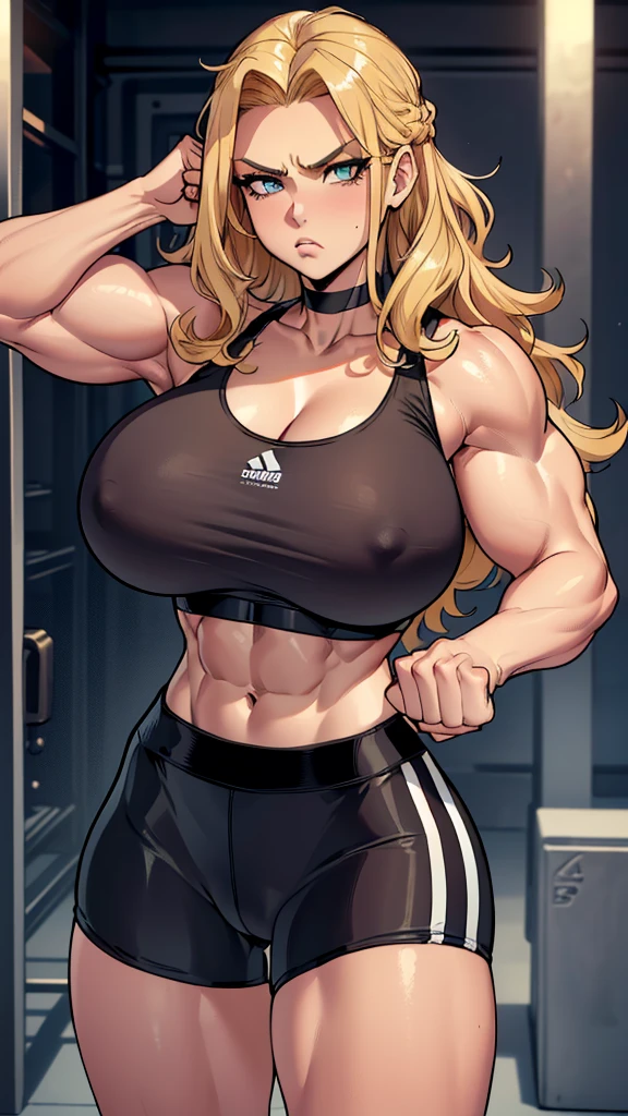 (beautiful detailed photo), (high quality image), (((tough looking woman))), (((gorgeous face))), (long wavy blonde hair), (((huge muscles))), (((big breast))), (((broad wide shoulders))), (((huge broad muscular shoulders))), (thin tight waist), ((sexy sports bra)), ((sexy spandex shorts)), (choker), (((raised fist pose)))