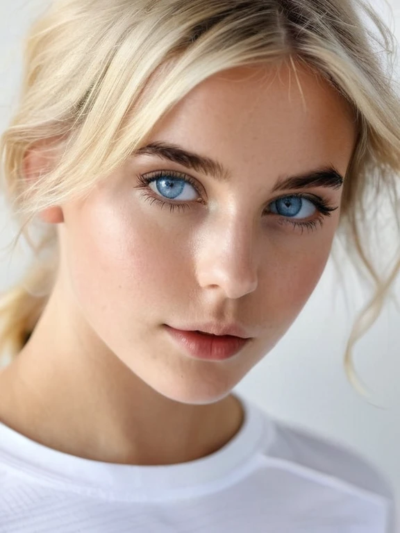 Un superbe portrait d’une jeune beauté allemande, aux yeux bleus perçants, petits seins et longs cheveux blonds flottants, un pantalon noir de sport et un t-shirt blanc , on voit son corp entier jusqu'au pied qui est debout entrain de faire du sport, la lumière naturelle met en valeur les traits du visage, les ombres douces sur les contours du visage, le contraste vibrant entre les tons chair chauds et les teintes froides de l'arrière-plan, la composition ultra légère, le nombre d'or, L'éclairage dramatique.