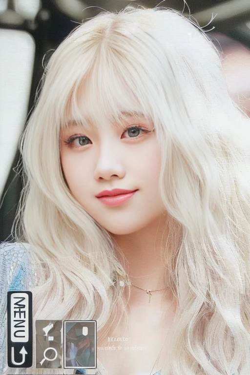 a closeup of a person with long hair and a necklace, lalisa manobal, long white hair and bangs, Lalisa Manoban of Blackpink, tzuyu of two times, roseanne park by blackpink, Portrait of Blackpink&#39;s Jossi, white bangs, Her hair is white, Perfect white hair girl, girl with white hair, female korean idol portrait