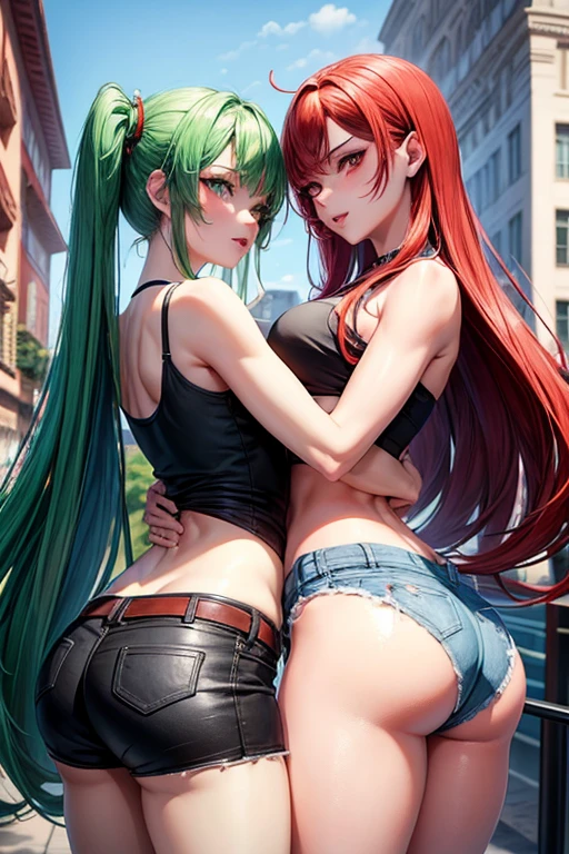 Draw two female characters in anime style. Jessie has waist-length red hair, red eyebrows, and red eyes. Bella has long green hair down to her waist, green eyebrows and green eyes. Both have small breasts, thin waists, big, perky butts and thick thighs. The two girls are 20 years old and are in an intense romantic relationship, kissing in the city square, kneading their faces with their hands. they are involved in a very intense and pleasurable sexual relationship. They are wearing short shorts and a black tank top during the late afternoon. Ella squeezes Jessie's ass with her hand.