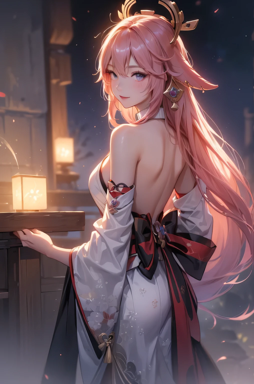 ((yaemikodef)):1.5, ((masterpiece,Highest quality,Highly detailed images,Beautiful images)), (Image of yaemiko smiling in front of lightning、Overall dim lighting、Backlight、Fantastic dark atmosphere、Thick Fog、Dust flutters),(stand, from backside.)1.2, sideboob
