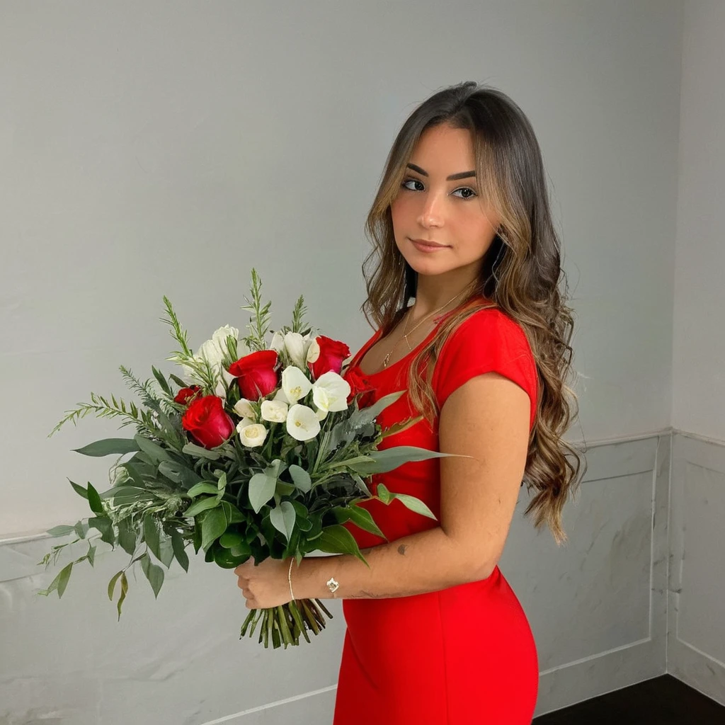 she is in a red dress with a bouquet of flowers