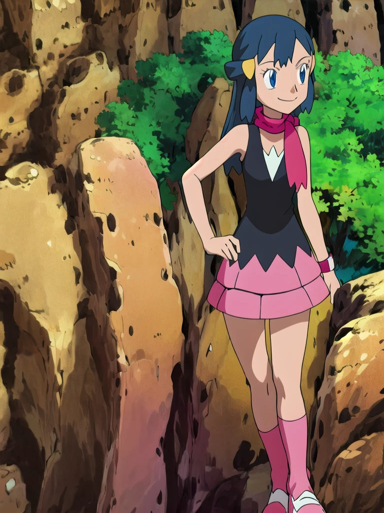 masterpiece, best quality, 1girl, dawn \(pokemon\), beanie, long hair, blue hair, blue eyes, black sleeveless shirt, pink scarf, pink skirt, pink boots, hands on hips, smile, looking at viewer, forest background