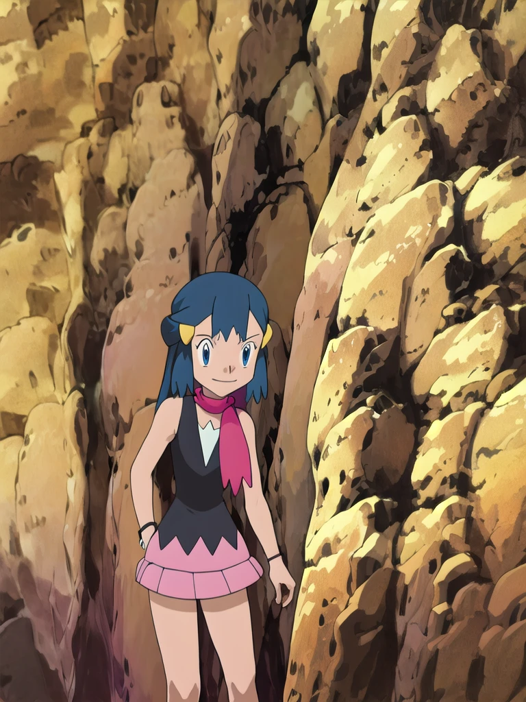 masterpiece, Highest quality, High resolution, One girl, alone, dawn (Pokemon), Pink scarf, Black Shirt, Pink Skirt, Have, Outdoor, Bare shoulders,smile