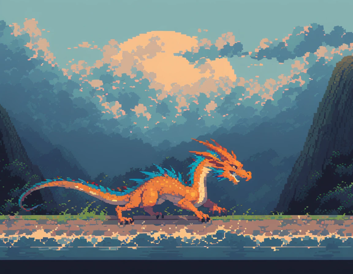 Pixel Art,Pixelated,8 bit,Retro game,Dim colors,Retro Style,Pixel animation,Low resolution,Dark Style,dragon