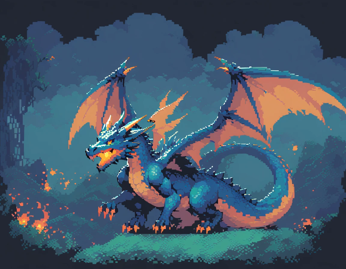 Pixel Art,Pixelated,8 bit,Retro game,Dim colors,Retro Style,Pixel animation,Low resolution,Dark Style,dragon