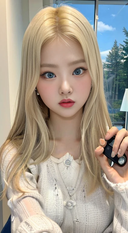 blonde-haired girl holding a remote control in her hand with light blue eyes , sun yunjoo, lalisa manobal, roseanne park by blackpink, 8k selfie photography, leaked image, Lt. Ayami Kojima, jinyoung shin, Ava Max, Lalisa Manoban of Blackpink, jaeyeon nam, heonhwa choe, taken in the early 2020s