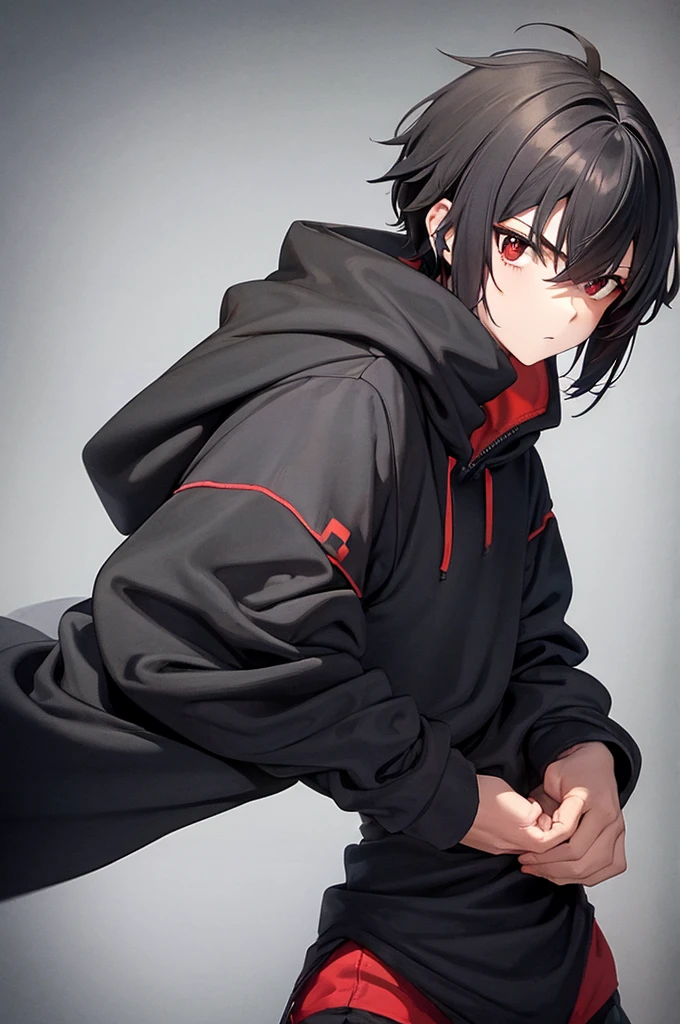 man , low taper haircut, hoodie , tall , red black eyes , dark hair  , ninja , strong ,  