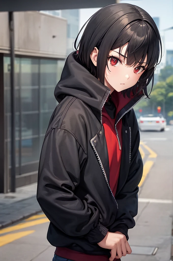 man , low taper haircut, hoodie , tall , red black eyes , dark hair , ninja , strong ,