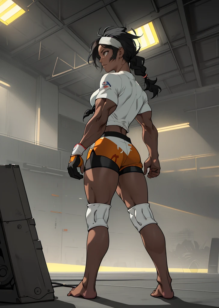 [Bea], [Pokemon], ((masterpiece)), ((high quality)), ((HD)), ((detailed shading)), ((beautiful solo portrait)), ((full body)), ((back view)), ((anime)), {attractive woman, (dark skin, long black hair braided ponytails hair, (beautiful light-grey eyes), (thicc thighs), (gorgeous hips), (beautiful muscular legs), (beautiful feet), (defined muscles), (expressionless)}, {(short-sleeve shirt), (bodysuit under clothes), (print shorts), (single glove), (headband), (white knee pads), (barefoot)}, {(standing), (arms at sides), (looking ahead)}, [background; (gym), (ceiling lights), (ambient lighting)] electric energy, static build up, sparks