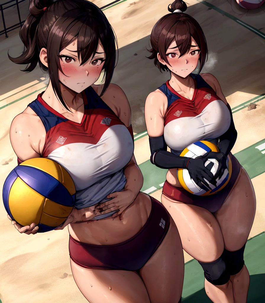 (((masutepiece))), (((Best Quality))), (((ultra-detailliert))), 19 years old, large breasts, triple D cup breasts, round buttocks, bubbly buttocks, wide hips, bubbly ass, fit and strong, slender body, ((superfine illustration)), ((Ultimate cutie)), Detailed beautiful face, Shiny hair, (((yuri))), (shy), ((blush)), BREAK, (((Holds dirty spherical 6-inch volleyballs))), BREAK, (((Buruma))), (Volleyball uniform), Sleeveless Volleyball Uniforms, (((Buruma))), (Kneepads), (elbow pad), (Bare hands), ((Sweat)), ((Covered in sweat)), (breathless), on valleyball court, in gymnasium, Lighting, From above, Look at viewers