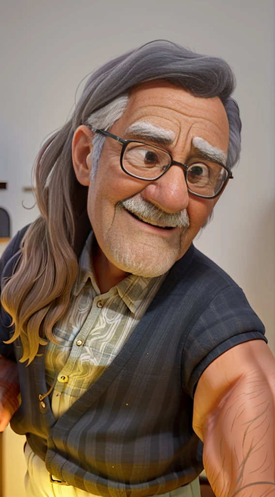 A wise old man standing in front, illuminated by the light of a lamp, tendo como pano de fundo uma biblioteca