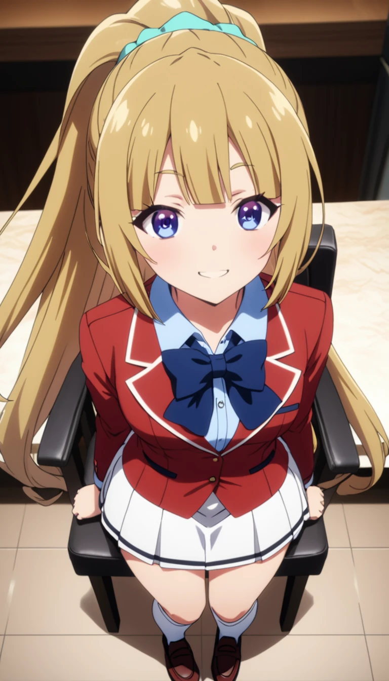 masterpiece, best quality, highres, ponytail hair, (single braid:1.2), hair ribbon, red blazer,buttoned blazer, blue bowtie, long sleeves, white skirt,knee socks,leather shoes,arms behind back, sitting on gorgeous chair in restaurant ,smile,talking,from above,score_9, score_8_up, score_7_up, score_6_up, s