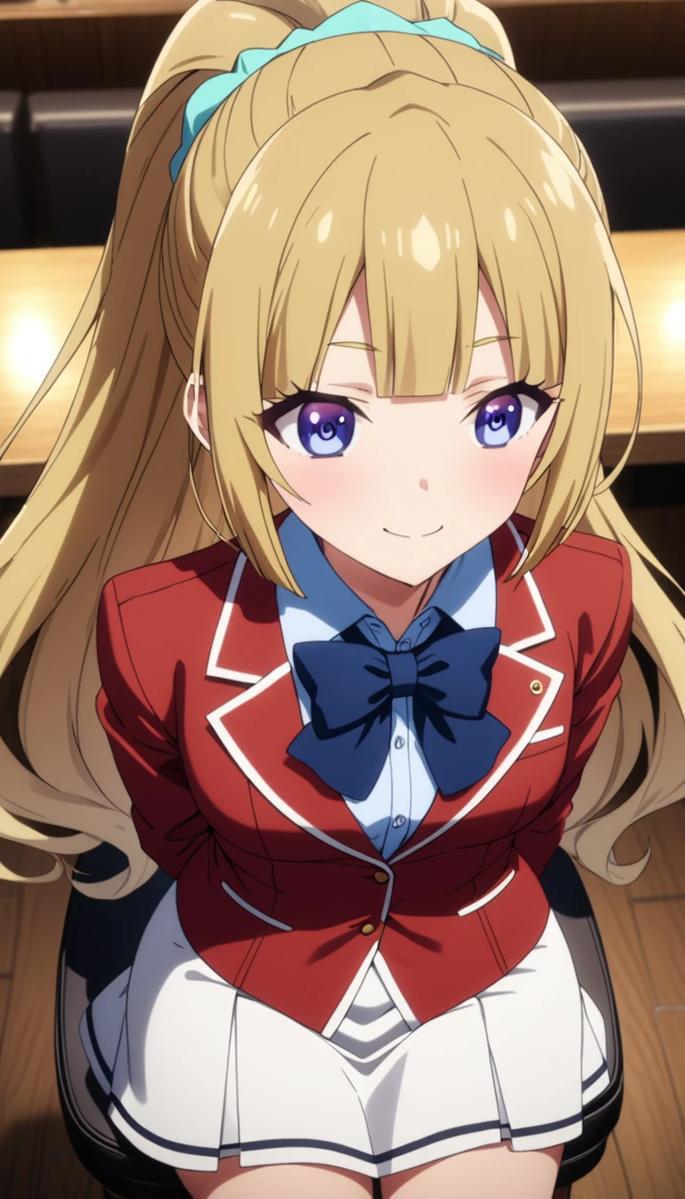 masterpiece, best quality, highres, ponytail hair, (single braid:1.2), hair ribbon, red blazer,buttoned blazer, blue bowtie, long sleeves, white skirt,knee socks,leather shoes,arms behind back, sitting on gorgeous chair in restaurant ,smile,talking,from above,score_9, score_8_up, score_7_up, score_6_up, s