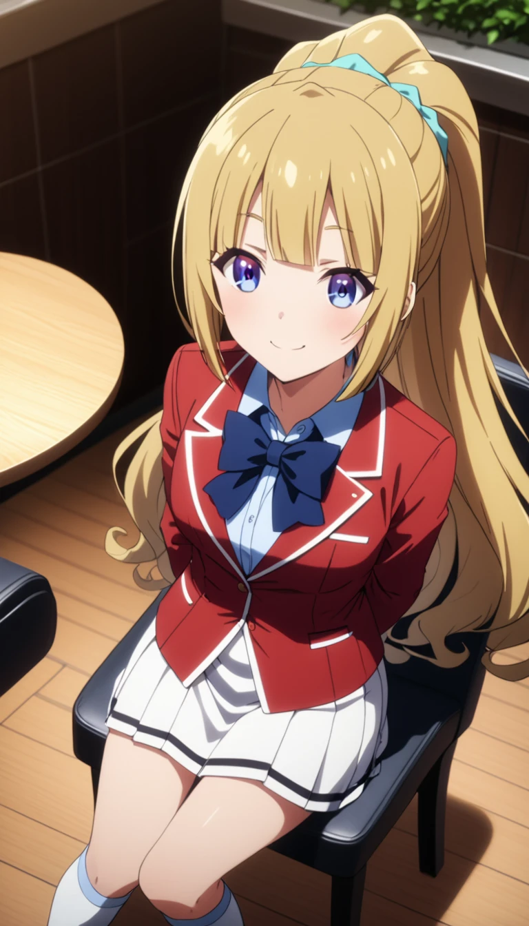 masterpiece, best quality, highres, ponytail hair, (single braid:1.2), hair ribbon, red blazer,buttoned blazer, blue bowtie, long sleeves, white skirt,knee socks,leather shoes,arms behind back, sitting on gorgeous chair in restaurant ,smile,talking,from above,score_9, score_8_up, score_7_up, score_6_up, s