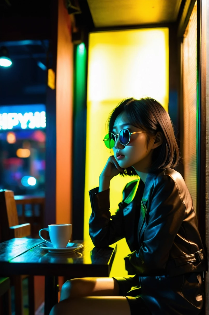 Depressed Asian woman sitting in a dim cafe at night, From the window you can see, Perfect profile, sunglasses, neon black, (Backlight: 1.1), Hard Shadows, artwork, best quality, complicated, Model shooting style, High quality, Film Grain, Incomplete details.