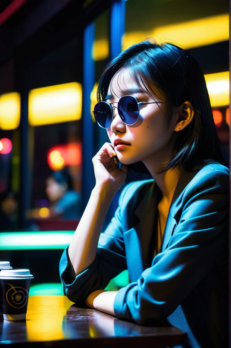 Depressed Asian woman sitting in a dim cafe at night, From the window you can see, Perfect profile, sunglasses, neon black, (Backlight: 1.1), Hard Shadows, artwork, best quality, complicated, Model shooting style, High quality, Film Grain, Incomplete details.