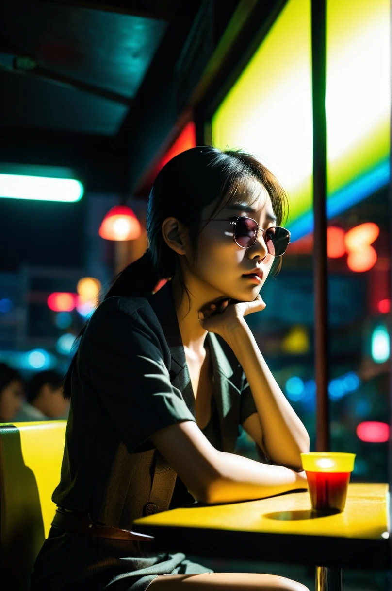 Depressed Asian woman sitting in a dim cafe at night, From the window you can see, Perfect profile, sunglasses, neon black, (Backlight: 1.1), Hard Shadows, artwork, best quality, complicated, Model shooting style, High quality, Film Grain, Incomplete details.