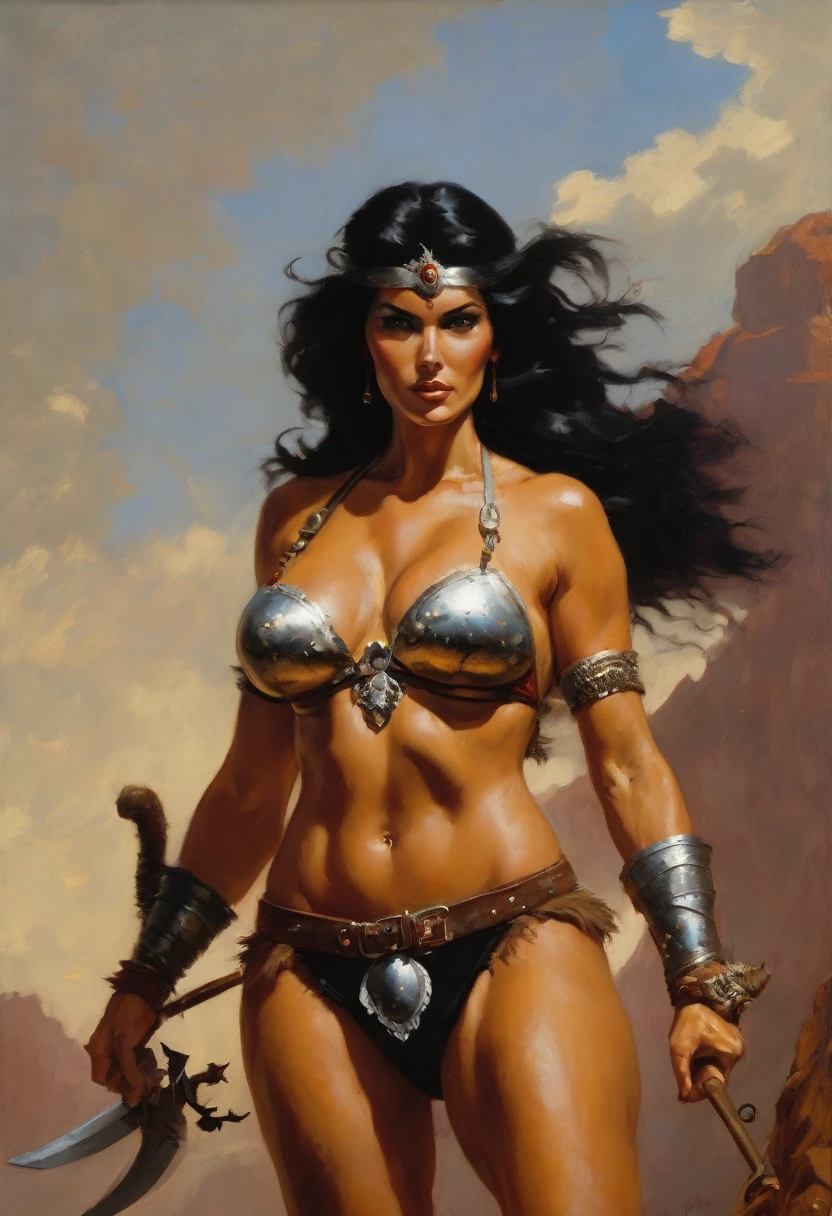 Curvy Monika Bellucci The Barbarian women black hair  big boob (painting of frank frazetta),(inspired by frank frazetta:1.2),fantasy theme,(oil painting)