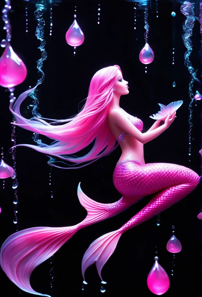 Beautiful big bioluminescent pink mermaid, floating,around you luminescent drops,Completely black background