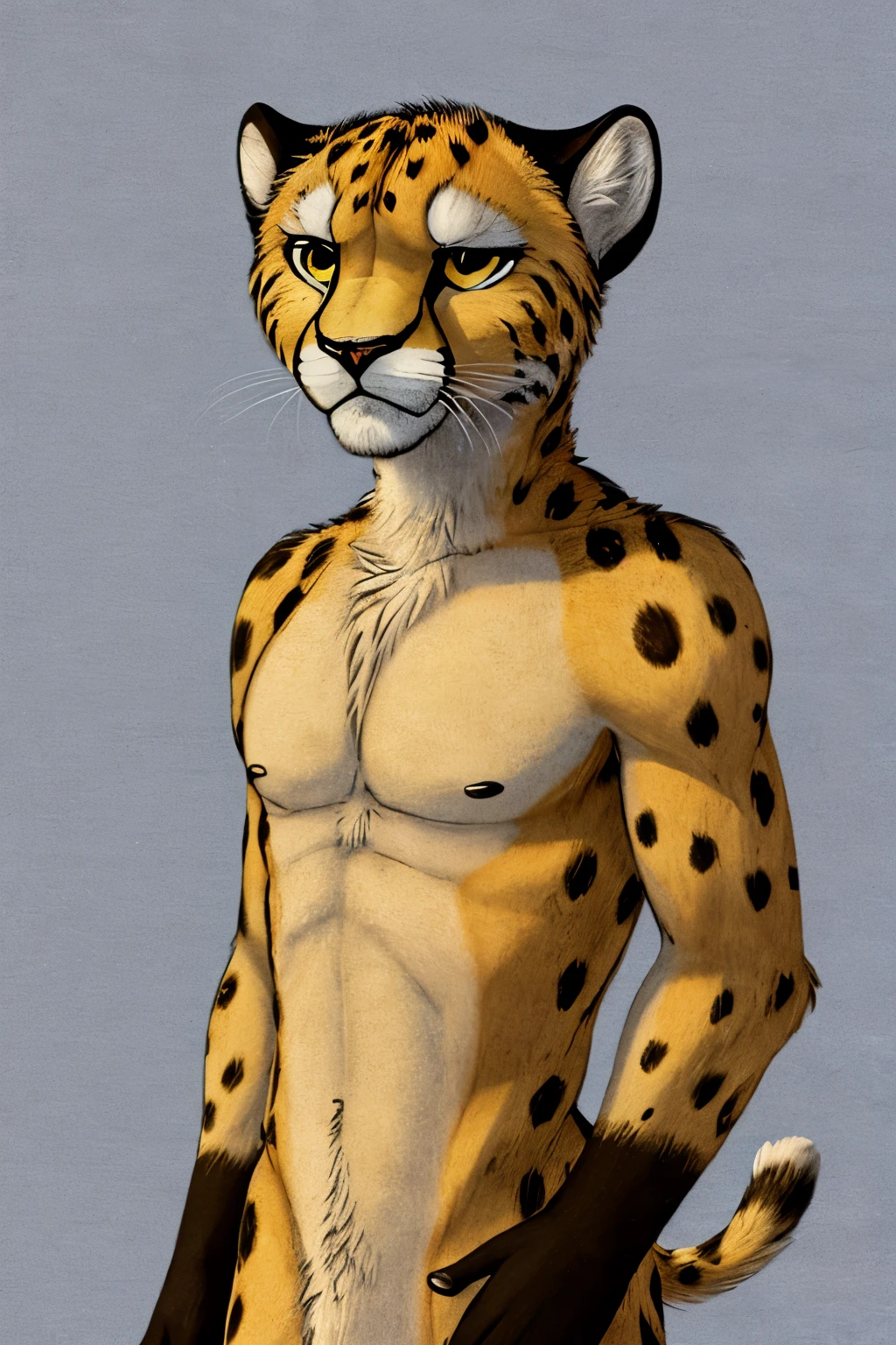 Male cheetah, two-dimensional, three-dimensional view, cartoon, with confidence in his face,