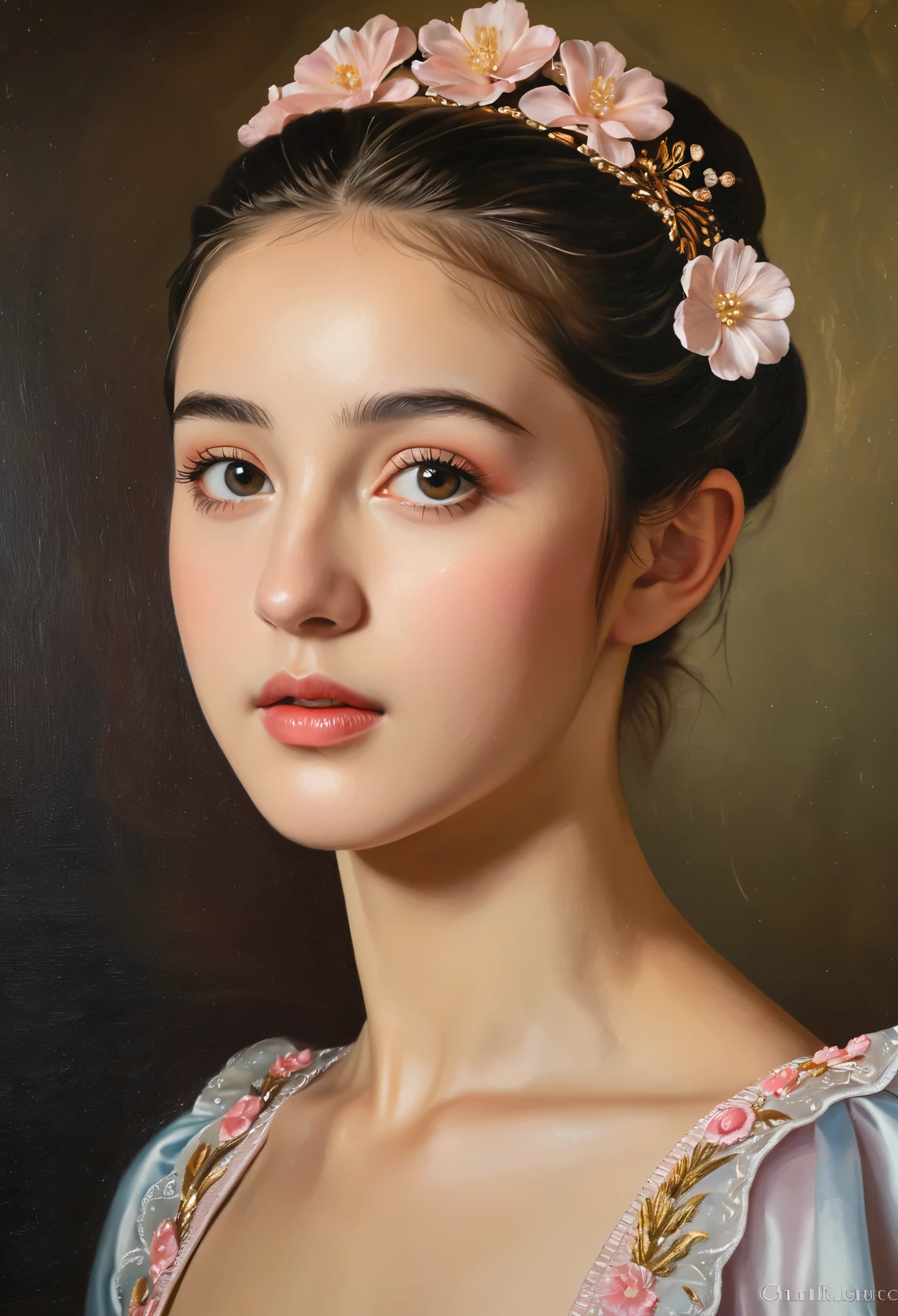 (highres,masterpiece:1.2),(realistic:1.37)"(best quality, highres, ultra-detailed, realistic),beautiful 19th-century portrait of a 16-year-old French ballet dancer, (She is half French and half Japanese, and is a stunning beauty with detailed eyes and a high nose:1.1), thick eyebrows, (elaborate ballet costume:1.4), detailed facial features, long graceful neck, flowing locks of hair, poised and elegant posture, soft and delicate lighting, classic oil painting medium, vibrant colors, subtle background with floral motifs", dreamy atmosphere, Surrealism,mystical aura, Charlie Bowater, 19th-century France, seductive, (best quality,4k,8k,highres,masterpiece:1.2), ultra-detailed, (realistic,photorealistic,photo-realistic:1.37),(Numerous award-winning masterpieces, incredibly detailed and textured, maximal resolution and clarity), (Hyper-realistic:1.4)