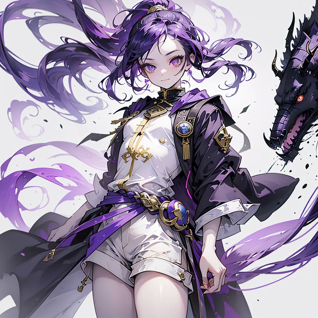 cheerful boy aristocrat open forehead. dark purple hair braided in a ponytail on the left side to one side. sinuous black horns wrapped in dark purple ribbon. pale violet eyes. in short dark purple shorts. long white T-shirt. dark purple knee-high socks. a white long robe with a hood flutters in the wind. black ancient stone walls of the castle purple light from lamps with gold ornaments, heterochromia, long curly hair, pale skin, I look at the viewer, closed mouth, bright smile, Beautiful, extremely detailed eye, Absolutely amazing art, extremely detailed, Digital art of the highest quality, full length, old piano, ancient walls of a stone castle