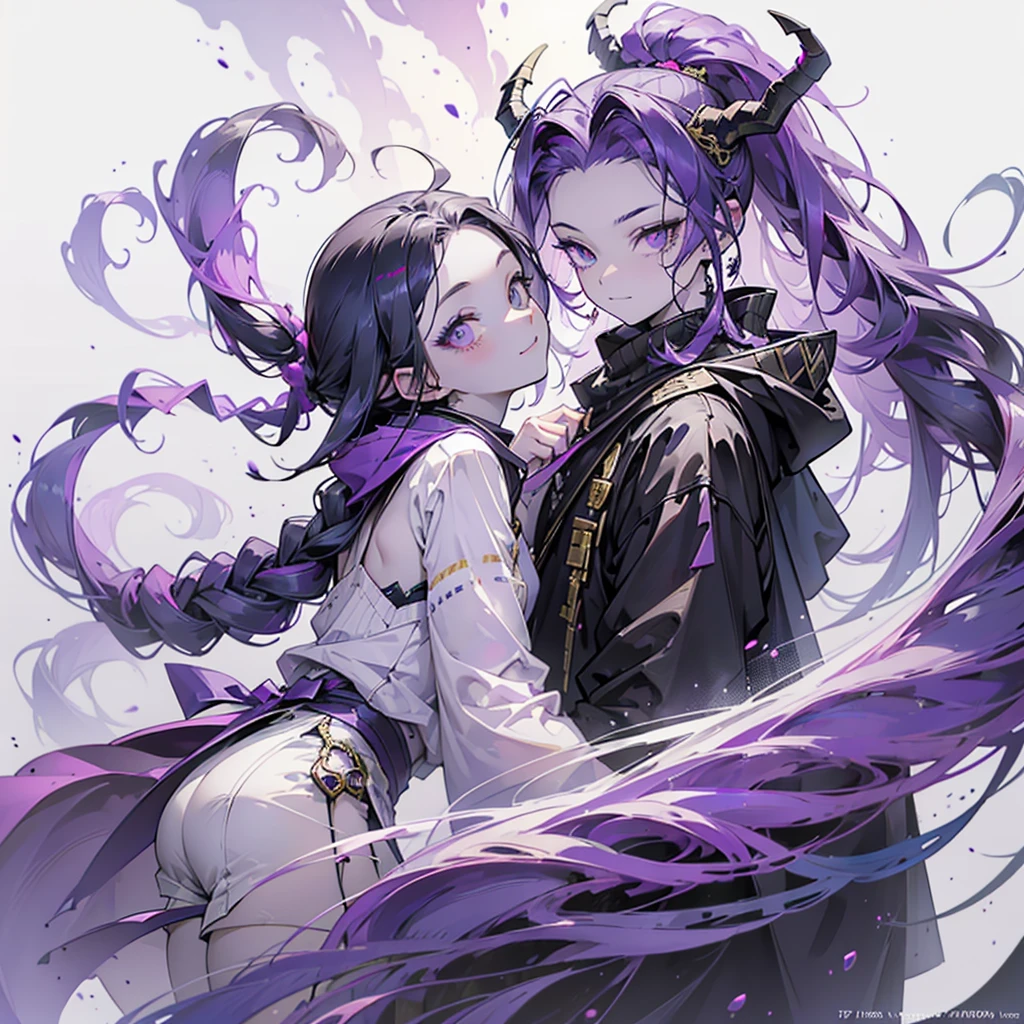 cheerful boy with open forehead. dark purple hair braided in a ponytail on the left side to one side. sinuous black horns wrapped in dark purple ribbon. pale violet eyes. in short dark purple shorts. long white T-shirt. dark purple knee-high socks. a white long robe with a hood flutters in the wind. black ancient stone walls of the castle purple light from lamps with gold ornaments, heterochromia, long curly hair, pale skin, I look at the viewer, closed mouth, bright smile, Beautiful, extremely detailed eye, Absolutely amazing art, extremely detailed, Digital art of the highest quality, full length