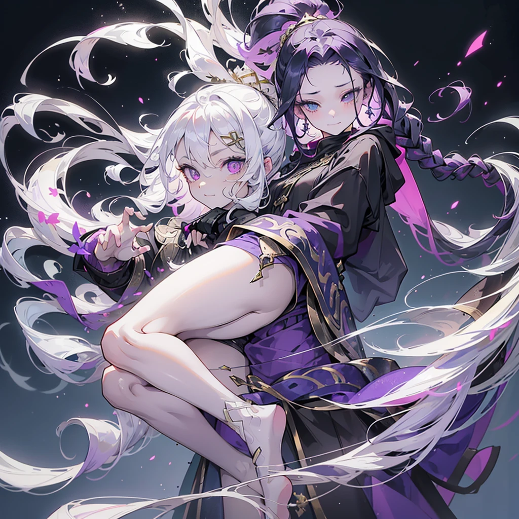 cheerful boy with open forehead. dark purple hair braided in a ponytail on the left side to one side. sinuous black horns wrapped in dark purple ribbon. pale violet eyes. in short dark purple shorts. long white T-shirt. dark purple knee-high socks. a white long robe with a hood flutters in the wind. black ancient stone walls of the castle purple light from lamps with gold ornaments, heterochromia, long curly hair, pale skin, I look at the viewer, closed mouth, bright smile, Beautiful, extremely detailed eye, Absolutely amazing art, extremely detailed, Digital art of the highest quality, full length