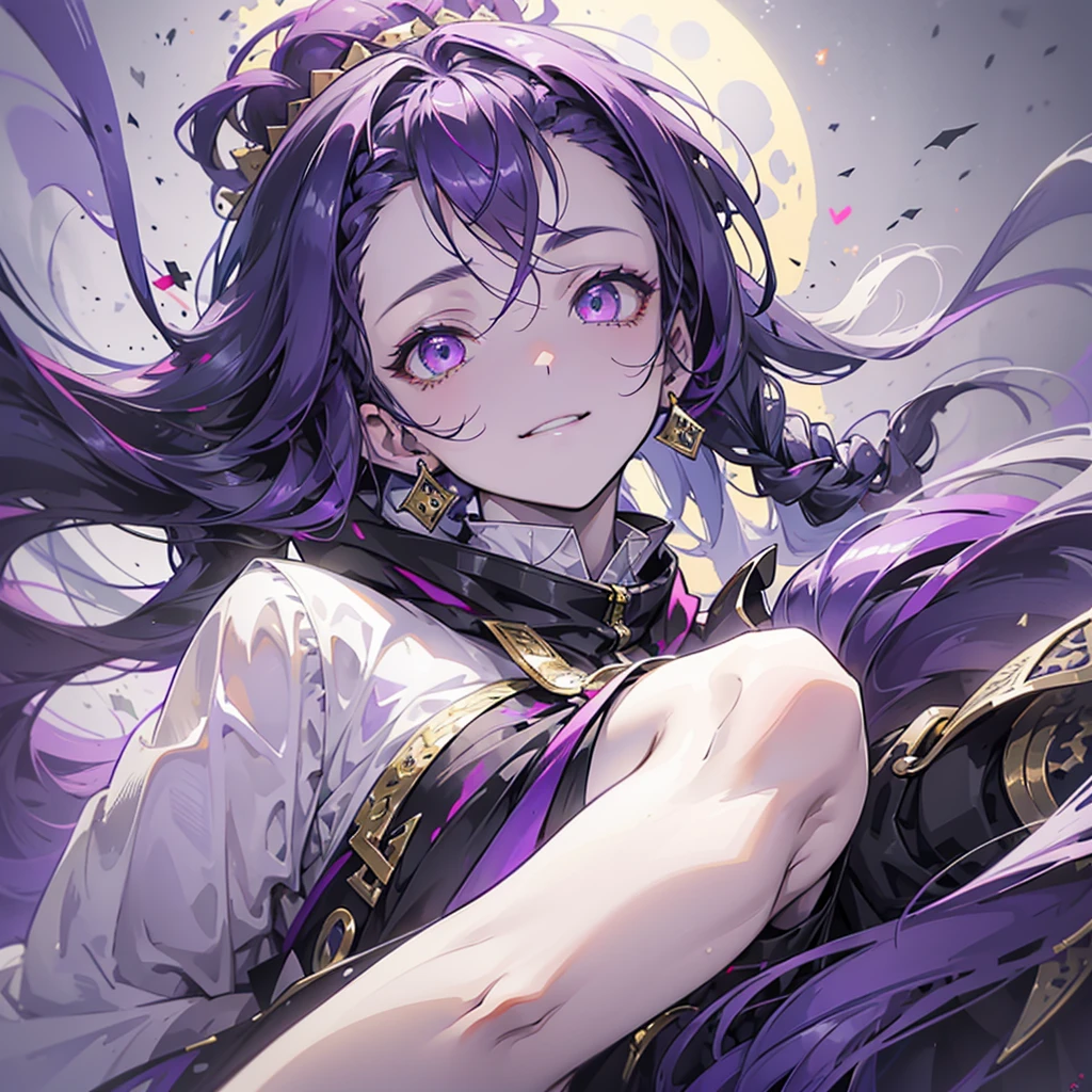 cheerful boy with open forehead. dark purple hair braided in a ponytail on the left side to one side. sinuous black horns wrapped in dark purple ribbon. pale violet eyes. in short dark purple shorts. long white T-shirt. dark purple knee-high socks. a white long robe with a hood flutters in the wind. black ancient stone walls of the castle purple light from lamps with gold ornaments, heterochromia, long curly hair, pale skin, I look at the viewer, closed mouth, bright smile, Beautiful, extremely detailed eye, Absolutely amazing art, extremely detailed, Digital art of the highest quality, full length