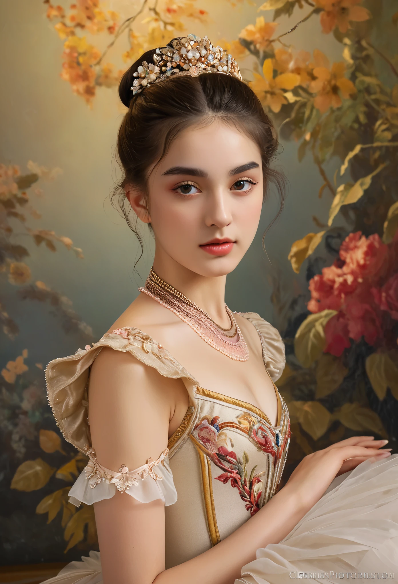 (highres,masterpiece:1.2),(realistic:1.37)"(best quality, highres, ultra-detailed, realistic),beautiful 19th-century portrait of a 16-year-old French ballet dancer, (She is half French and half Japanese, and is a stunning beauty with detailed eyes and a high nose:1.1), thick eyebrows, (elaborate ballet costume:1.4), detailed facial features, long graceful neck, flowing locks of hair, poised and elegant posture, soft and delicate lighting, classic oil painting medium, vibrant colors, subtle background with floral motifs", dreamy atmosphere, Surrealism,mystical aura, Charlie Bowater, 19th-century France, seductive, (best quality,4k,8k,highres,masterpiece:1.2), ultra-detailed, (realistic,photorealistic,photo-realistic:1.37),(Numerous award-winning masterpieces, incredibly detailed and textured, maximal resolution and clarity), (Hyper-realistic:1.4)