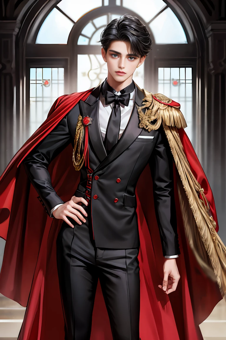 masterpiece, 最high quality, high quality, 1 boy, alone, Male focus, Watching the audience, Messy black hair, Adorable big blue eyes, White people, Noble, Noble,Sexy voluminous black and red cape、Tuxedo、A very voluminous, large, very large, very large, long, long red and black cape with a high stand-up collar, reaching down to the floor, made of a lot of fabric., ,Cute beautiful boys,Cute, cute, kind, handsome guy