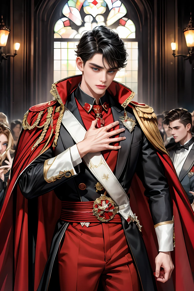 masterpiece, 最high quality, high quality, 1 boy, alone, Male focus, Watching the audience, Messy black hair, Adorable big blue eyes, White people, Noble, Noble,Sexy voluminous black and red cape、Tuxedo、A very voluminous, large, very large, very large, long, long red and black cape with a high stand-up collar, reaching down to the floor, made of a lot of fabric., ,Cute beautiful boys,Cute, cute, kind, handsome guy